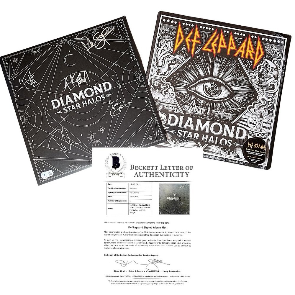 Def Leppard Signed Diamond Star Halos Vinyl Record Album Flat Beckett Autograph